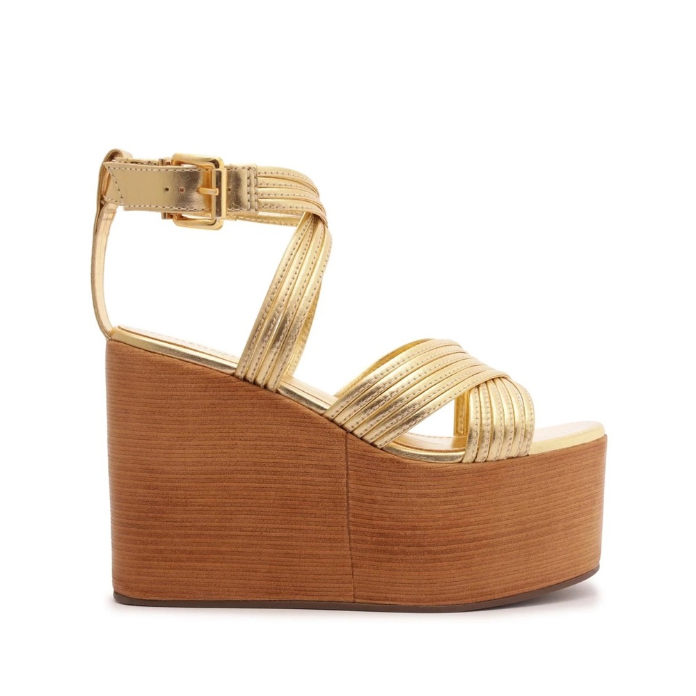 SCHUTZ Marcela Gold and Brown Wedge Sandals with Criss-Cross Design